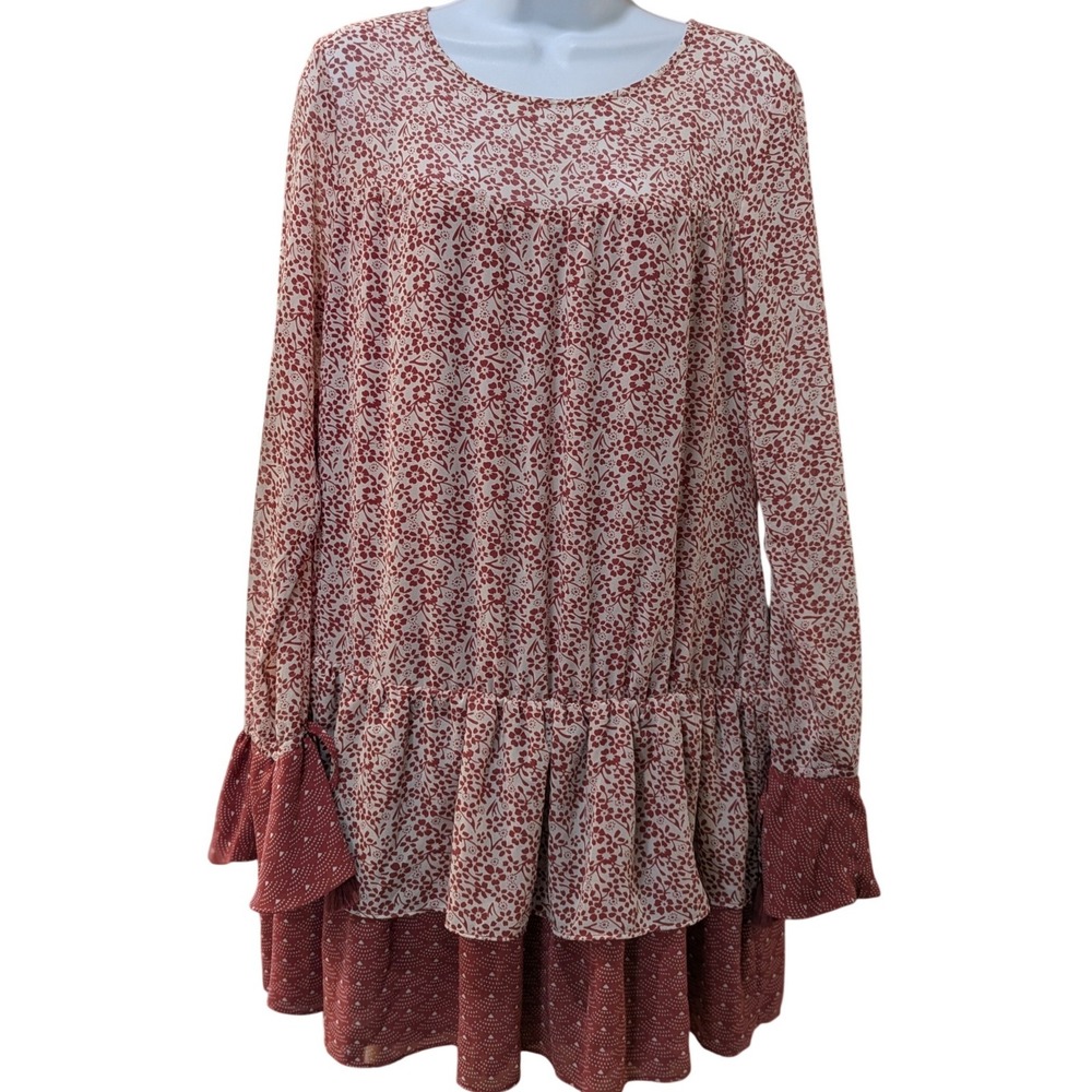 Tularosa‎ Berkley Womens Red Floral Drop Waist Ruffle Mini Dress Bell Cuff Small
